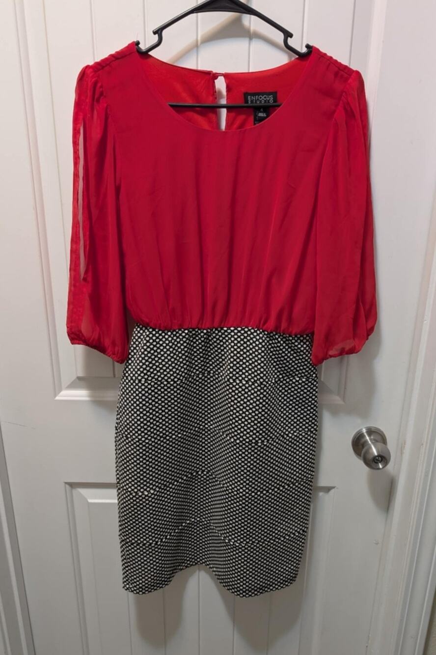 Enfocus Studio Red Black White Polka Dot Pencil Dress Women's 4 Business Work